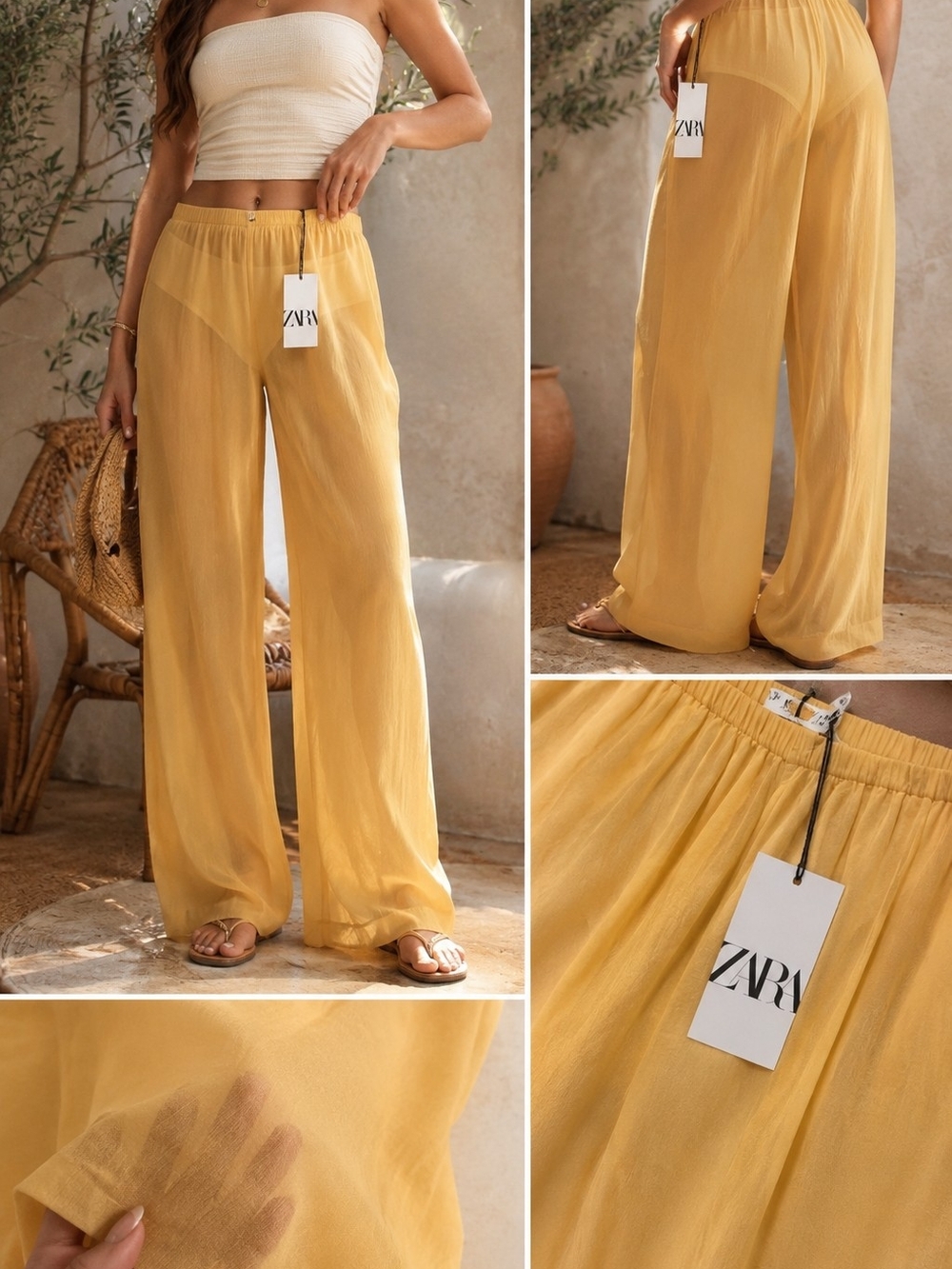 ZARA Women's Sheer Wide-Leg Pants in Mustard Yellow
